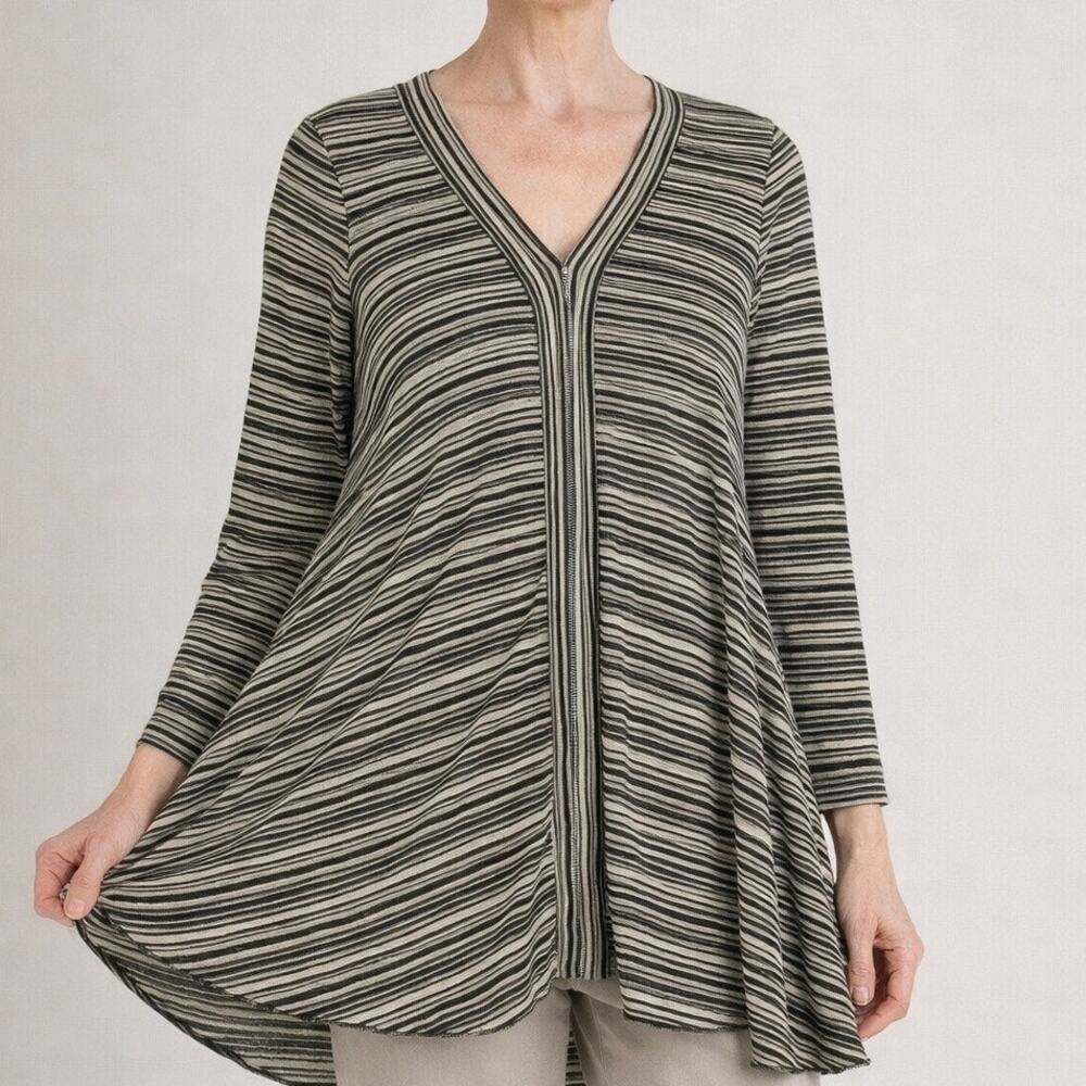 Comfy USA Medium Zipper Tunic Gray Black Stripe Knit Asymmetrical Lagenlook